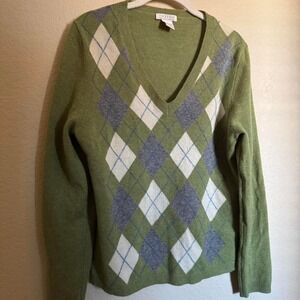 Tweeds Ply Cashmere Diamond Argyle Plaid V Neck Sweater Sz L in Green Fine‎ Knit